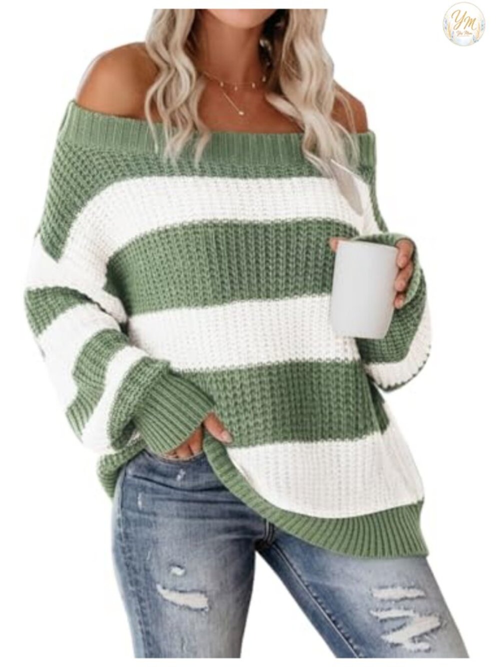 Off Shoulder Color Block Oversized Sweater Chunky Knit Pullover Top